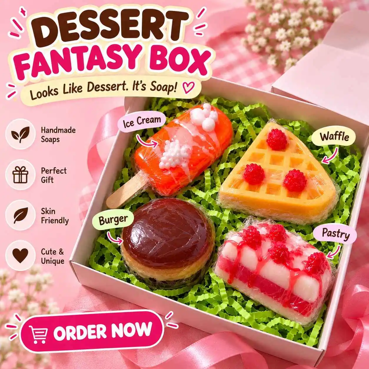 VegGora Dessert Fantasy Box with four vegan handmade dessert-shaped soaps including ice cream, waffle, burger and pastry designs.