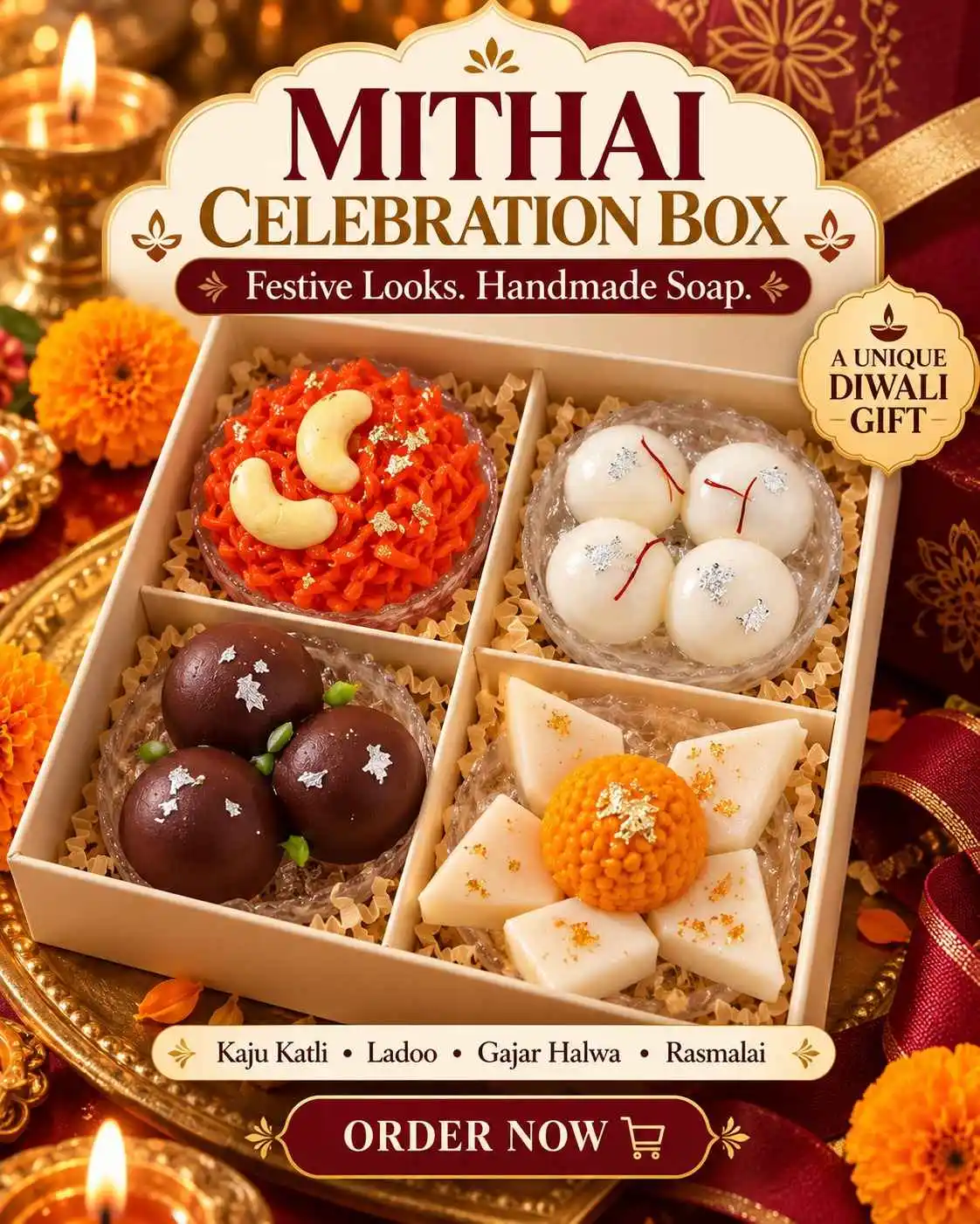 MITHAI Celebration Box by VegGora featuring 4 vegan dessert-inspired soaps including Kaju Katli and Laddoo, Gulab Jamun, Rasmalai and Gajar Ka Halwa